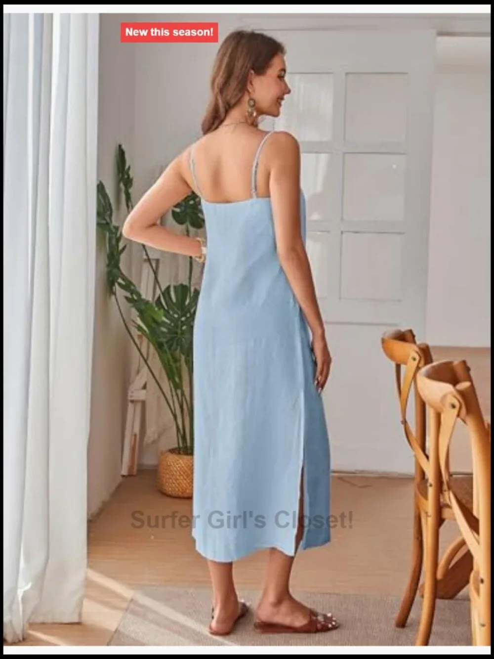 100% Linen Midi Dress Square Neck Sleeveless Spaghetti Strap Relaxed Fit Summer
